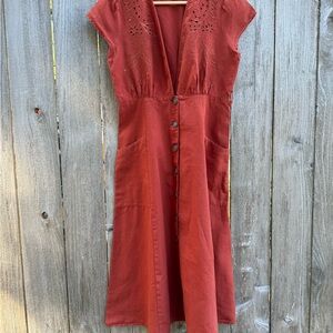Rust Button-Down Midi Dress